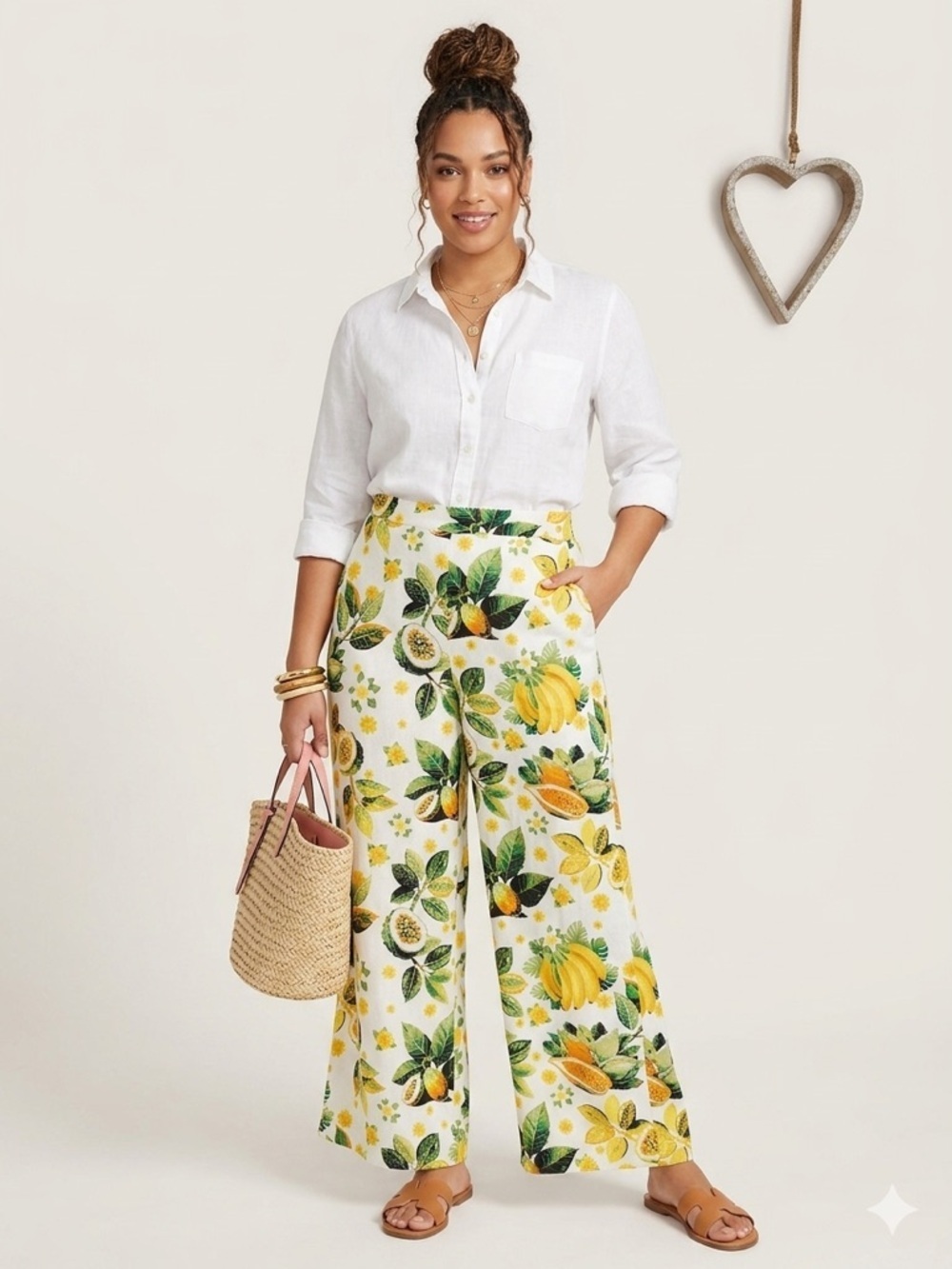 Rose + Olive Tropical Fruit Print Wide Leg Pants High Waist Summer Palazzo MED